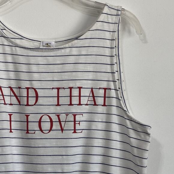 O’Neill Womens Tank Top M Tie Waist Blue Stripe Land That I Love Patriotic Shirt - Picture 3 of 10